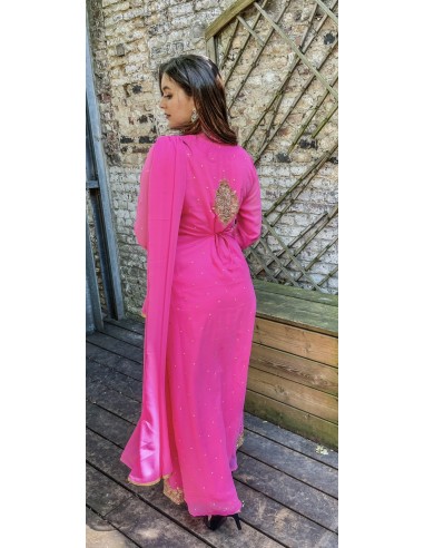 ensemble robe longue/ pantalon rose indien et strass or  - 3