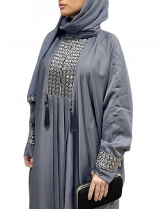 abaya manches papillons brodé Émirati gris anthracite  - 1 2