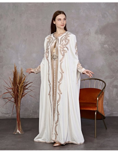 Caftan velours marocain Blanc Dore robe oriental SEP24  - 1