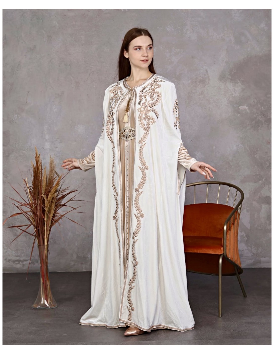 Caftan velours marocain Blanc Dore robe oriental SEP24 Caftan Robe