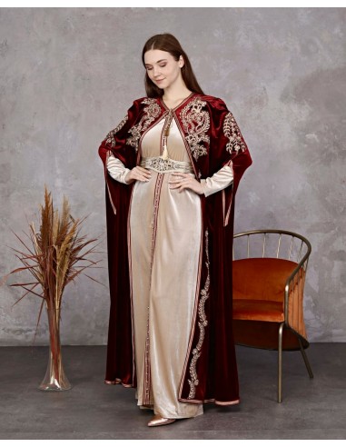 Caftan velours marocain Rouge Bordeaux Dore robe oriental SEP24  - 1