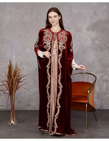 Caftan velours marocain Rouge Bordeaux Dore robe oriental SEP24  - 2