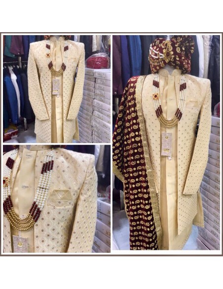 Sherwani Kurta Homme marié complet haute gamme Maharaja Beige  - 1