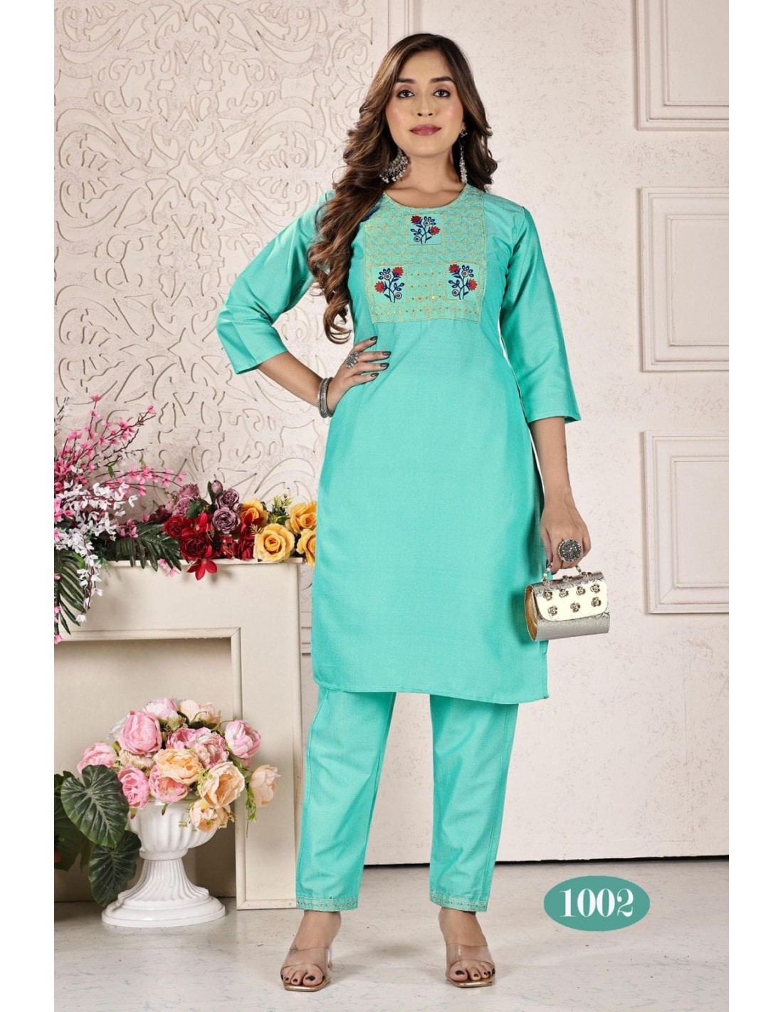 Tunique indienne Jasleen kurti Turquoise avec pantalon Robe indienn