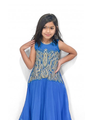 Robe indienne longue enfant fille pas cher churidar Nita Bleu perle  - 3