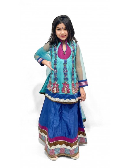 ensemble indienne jupe enfant fille pas cher Bleu turquoise Deepa  - 2