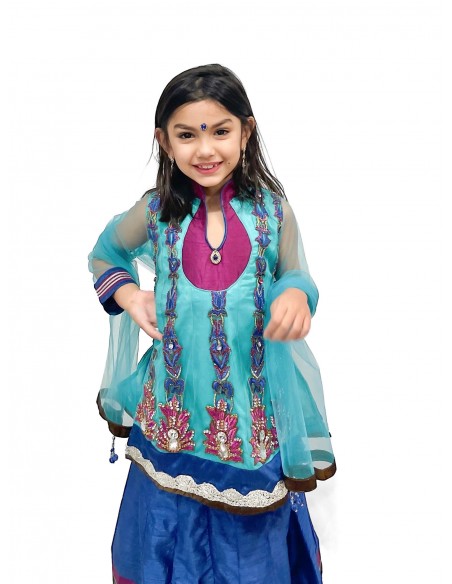 ensemble indienne jupe enfant fille pas cher Bleu turquoise Deepa  - 3