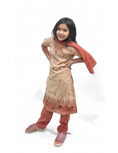ensemble indienne enfant fille pas cher beige et marron  - 1 2