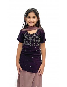 Lehenga choli enfant fille sari indien bollywood noir et taupe  - 1 2