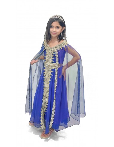 Caftan fille enfant manches cape Bleu et doré  - 1