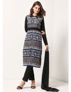 Salwar Kameez Rani noir et bleu  - 1 2