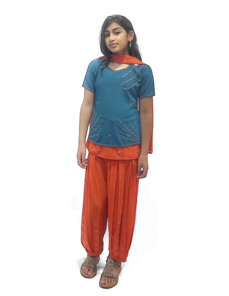 Robe indienne enfant fille pas cher Bleu/orange Deepa  - 1