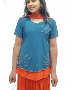 Robe indienne enfant fille pas cher Bleu/orange Deepa  - 1 2
