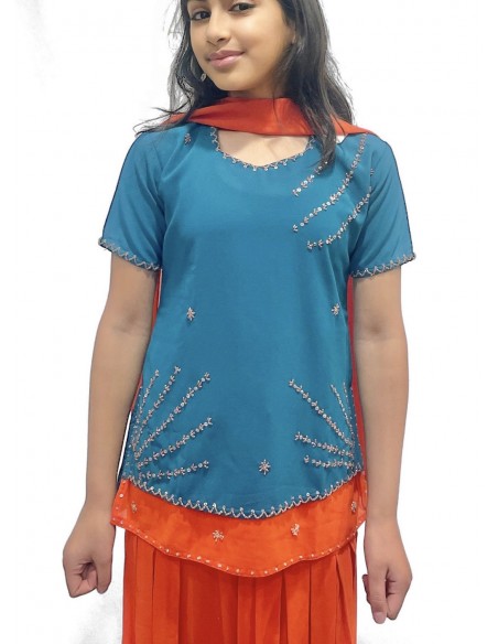 Robe indienne enfant fille pas cher Bleu/orange Deepa  - 2