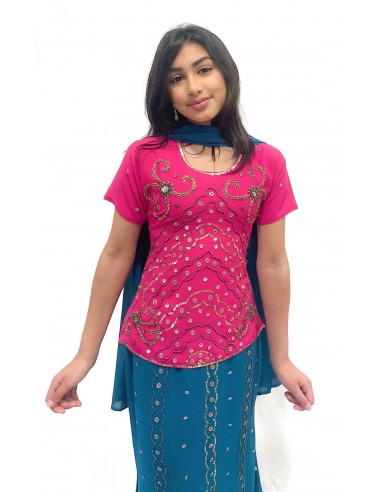 Lehenga choli enfant fille sari indien bollywood rose et bleu  - 2