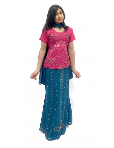 Lehenga choli enfant fille sari indien bollywood rose et bleu  - 3
