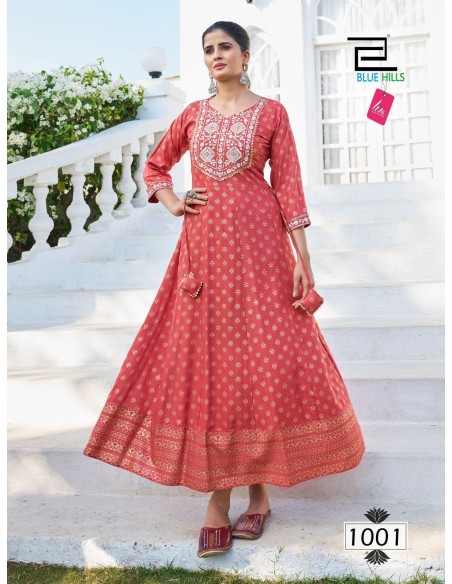 Tunique indienne Robe longue Kurti Blue Hills M24 Corail  - 1