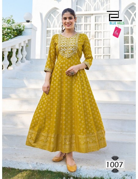 Tunique indienne Robe longue Kurti Blue Hills M24 Jaune  - 1