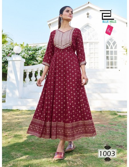 Tunique indienne Robe longue Kurti Blue Hills M24 rouge  - 1