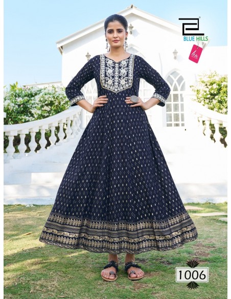 Tunique indienne Robe longue Kurti Blue Hills M24 Bleu  - 1