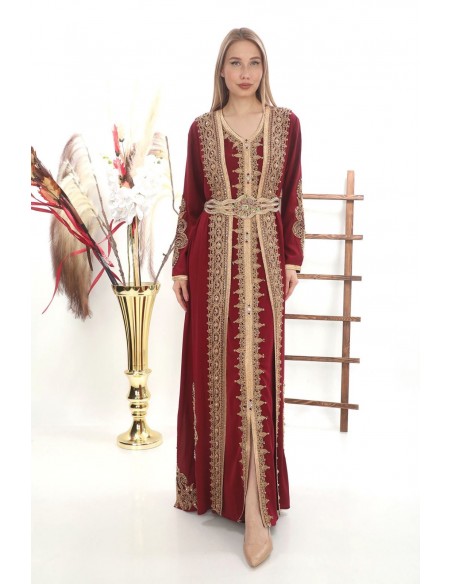 Caftan marocain Dore robe oriental Arras Chic moderne Luxe haute gamme Rouge DC23  - 1