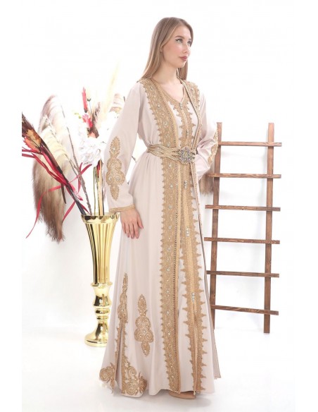 Caftan marocain Dore robe oriental Douai Chic moderne Luxe haute gamme Beige  - 2