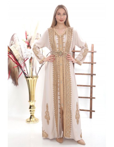 Caftan marocain Dore robe oriental Douai Chic moderne Luxe Beige  - 1