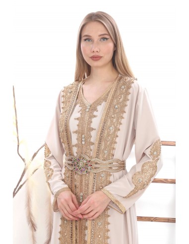 Caftan marocain Dore robe oriental Chic moderne Luxe haute gamme Beige  - 3