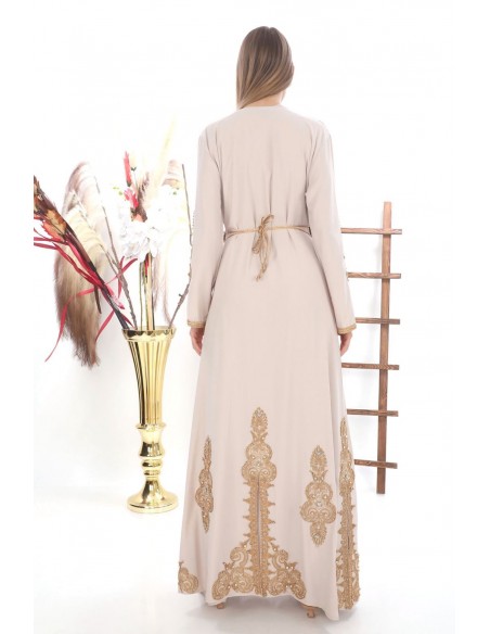 Caftan marocain Dore robe oriental Chic moderne Luxe haute gamme Beige  - 4