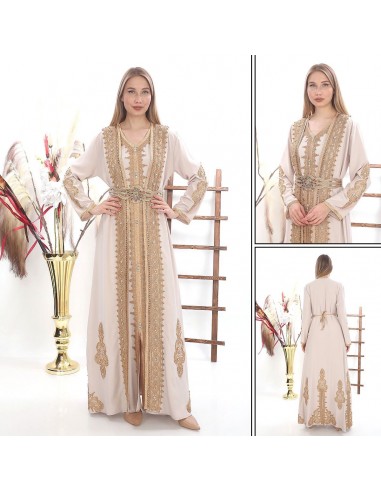 Caftan marocain Dore robe oriental Chic moderne Luxe haute gamme Beige  - 5