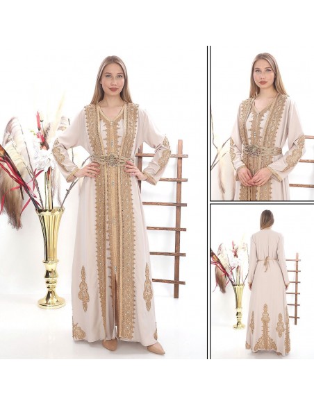 Caftan marocain Dore robe oriental Douai Chic moderne Luxe Beige  - 5