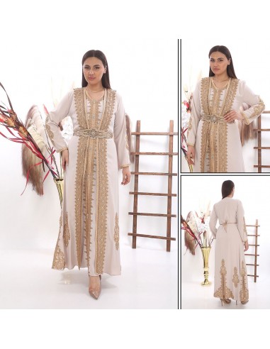Caftan marocain Dore robe oriental Chic moderne Luxe haute gamme Beige  - 6