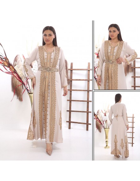 Caftan marocain Dore robe oriental Douai Chic moderne Luxe Beige  - 6