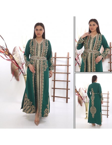 Caftan marocain Dore robe oriental Chic moderne Luxe haute gamme Vert  - 5