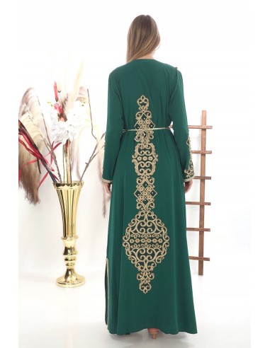 Caftan marocain Dore robe oriental Roubaix Chic moderne Luxe haute gamme Vert  - 4