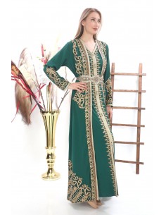 Caftan marocain Dore robe oriental Roubaix Chic moderne Luxe haute gamme Vert  - 1 2