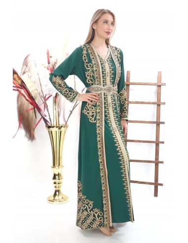 Caftan marocain Dore robe oriental Roubaix Chic moderne Luxe haute gamme Vert  - 2