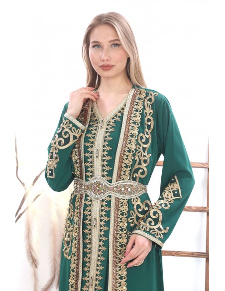 Caftan marocain Dore robe oriental Roubaix Chic moderne Luxe haute gamme Vert  - 3