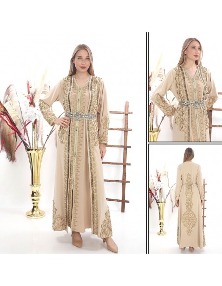 Caftan marocain Dore robe oriental Chic moderne Luxe haute gamme Beige doré  - 5