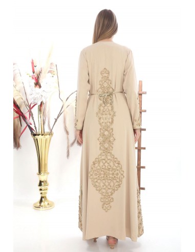 Caftan marocain Dore robe oriental Lille Chic moderne Luxe haute gamme Beige doré  - 4