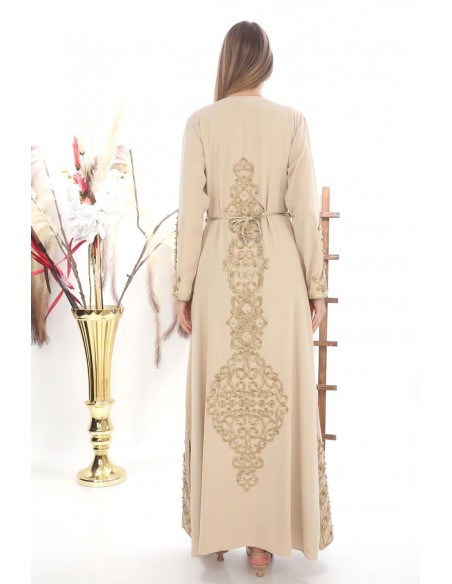 Caftan marocain Dore robe oriental Chic moderne Luxe haute gamme Beige doré  - 4