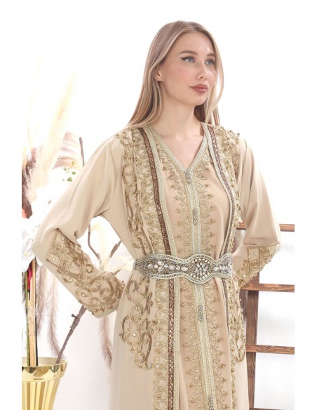 Caftan marocain Dore robe oriental Chic moderne Luxe haute gamme Beige doré  - 2
