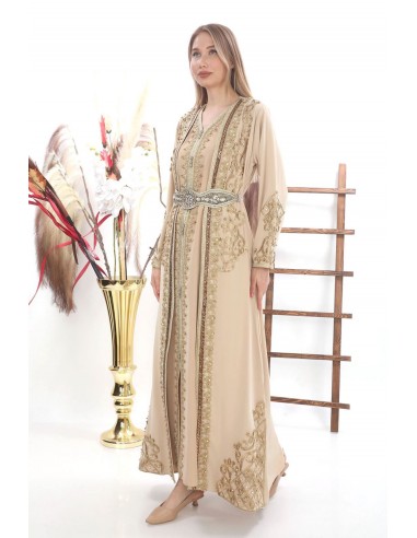 Caftan marocain Dore robe oriental Chic moderne Luxe haute gamme Beige doré  - 3