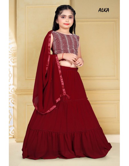 Lehenga choli sari fille enfant ALKA doré Rouge  - 2