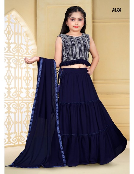 Lehenga choli sari fille enfant ALKA doré Bleu  - 2