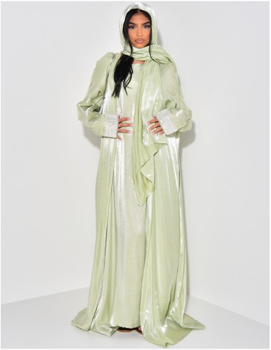 Abaya Douai Ensemble 3 PIÈCES Robe , kimono et voile Vert  - 1