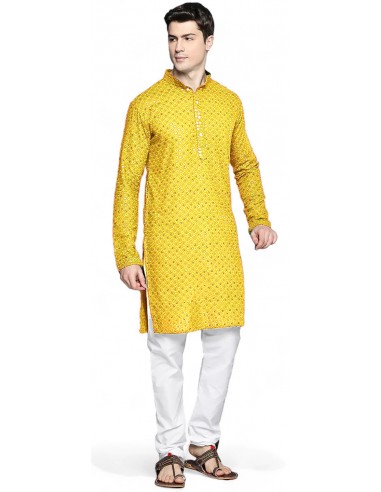 Kurta Tenue indien homme Ensemble Jaune Chikankari  - 1