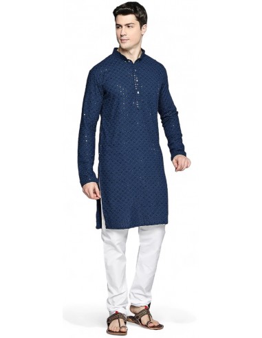 Kurta Tenue indien homme Ensemble bleu marine Chikankari  - 1