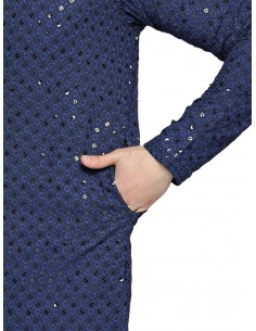 Kurta Tenue indien homme Ensemble bleu marine Chikankari  - 1 2