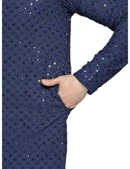 Kurta Tenue indien homme Ensemble bleu marine Chikankari  - 2